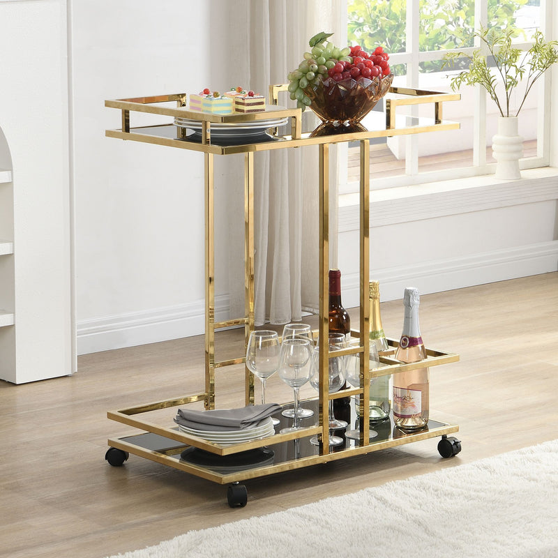 Servierwagen Gold mit Glasablagen auf Rollen, Barwagen Wohnling