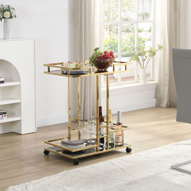 Servierwagen Gold mit Glasablagen auf Rollen, Barwagen Wohnling