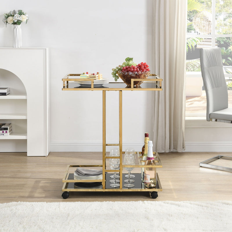 Servierwagen Gold mit Glasablagen auf Rollen, Barwagen Wohnling