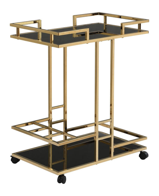 Servierwagen Gold mit zwei schwarzen Glasablagen und goldfarbenem Metallrahmen, Gesamtansicht.