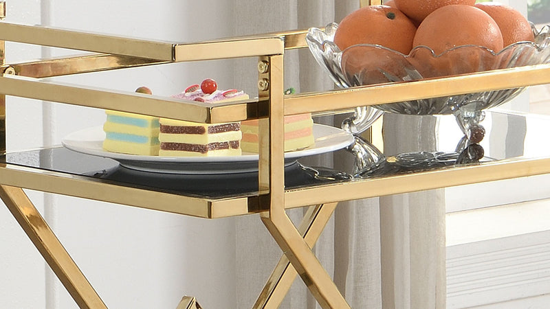 Servierwagen Gold mit Glasablagen, Barwagen auf Rollen fürs Wohnzimmer