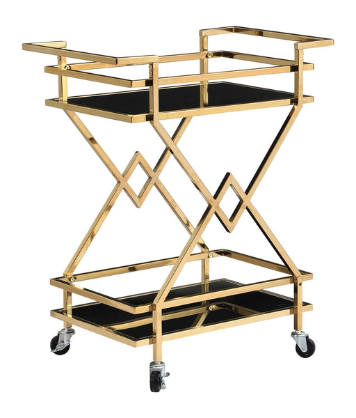 Servierwagen Gold mit zwei schwarzen Glasablagen und goldfarbenem Metallrahmen in Gesamtansicht.