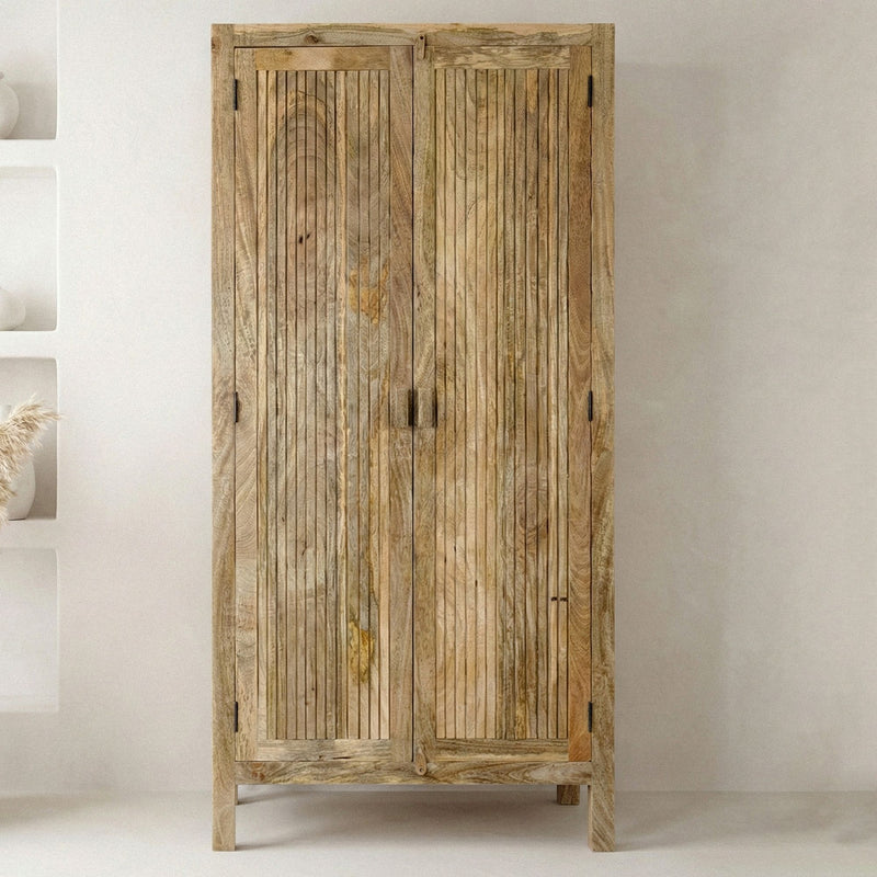 Sideboard Mango Massivholz 90x187cm, Braun mit Lamellen-Front Wohnling