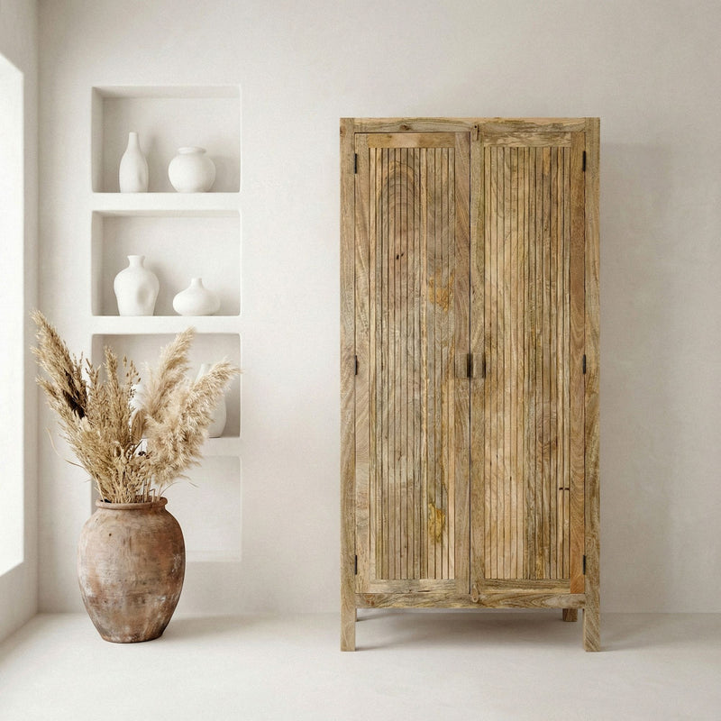 Sideboard Mango Massivholz 90x187cm, Braun mit Lamellen-Front Wohnling