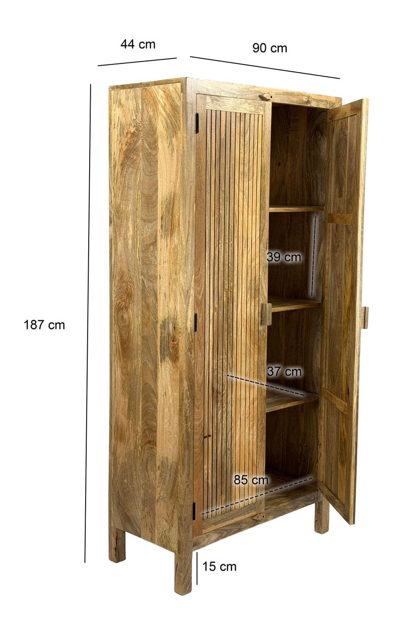 Sideboard Mango Massivholz 90x187cm, Braun mit Lamellen-Front Wohnling