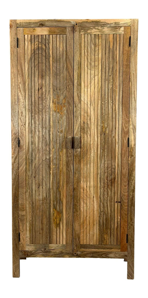 Sideboard Mango Massivholz 90x187cm, Braun mit Lamellen-Front Wohnling in Gesamtansicht mit zwei vertikalen Lamellentüren.