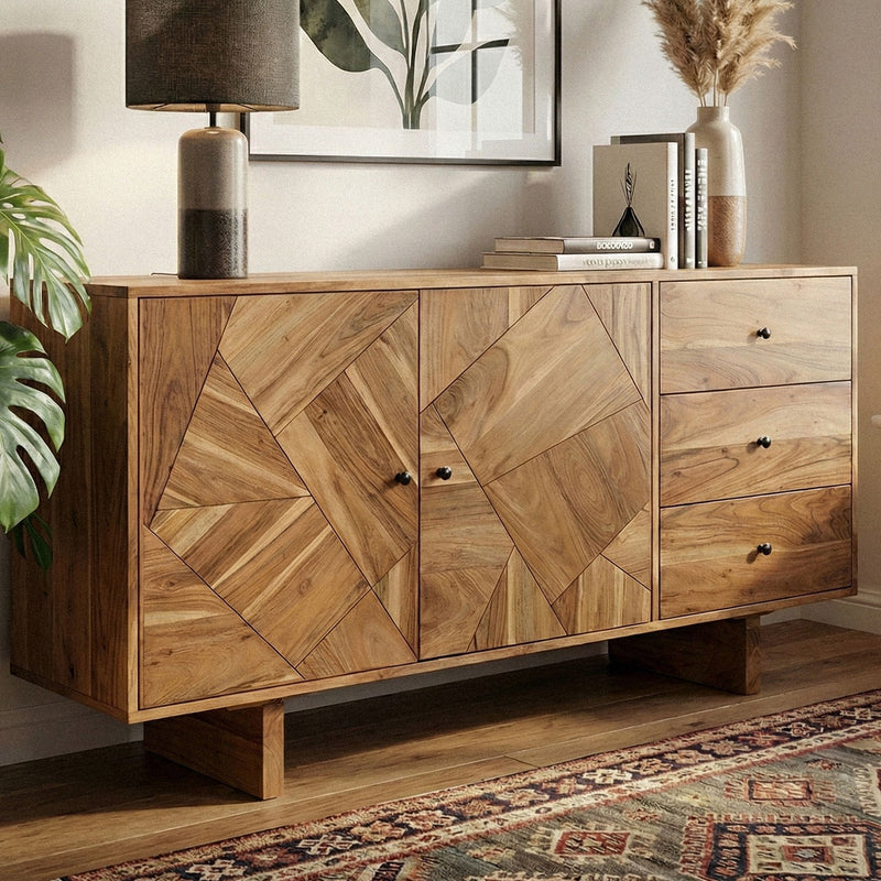 Sideboard Akazie Massivholz 150 cm, geometrische Front & Schubladen