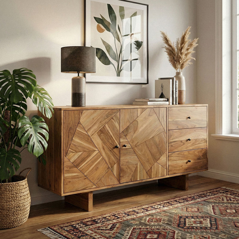 Sideboard Akazie Massivholz 150 cm, geometrische Front & Schubladen