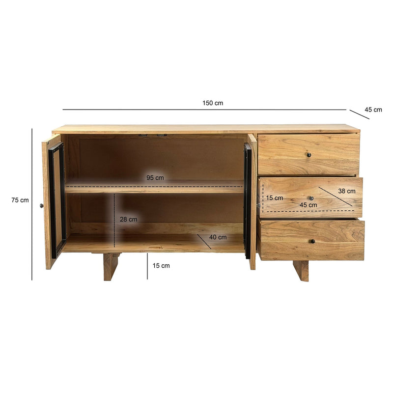 Sideboard Akazie Massivholz 150 cm, geometrische Front & Schubladen