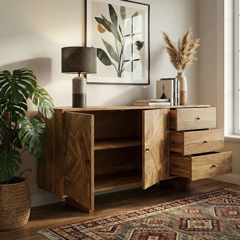Sideboard Akazie Massivholz 150 cm, geometrische Front & Schubladen