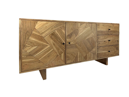 Sideboard Akazie Massivholz 150 cm mit geometrischen Holzmustern auf den Türfronten, Gesamtansicht von schräg vorne.