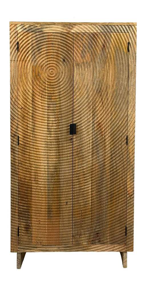 Massivholzschrank Mango 180cm mit zwei Türen, aufwendigem Ringmuster-Dekor in Braun und Metallgriffen in Gesamtansicht.