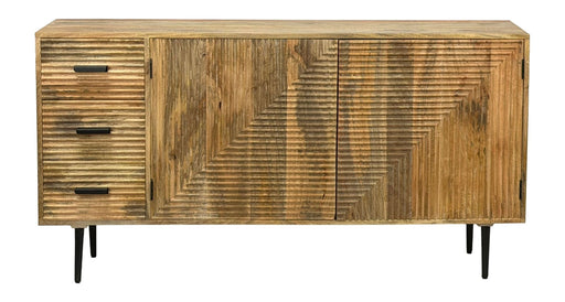 Sideboard Mango Massivholz 160 cm mit Metallbeinen, Gesamtansicht von vorne mit Schubladen und Türen.