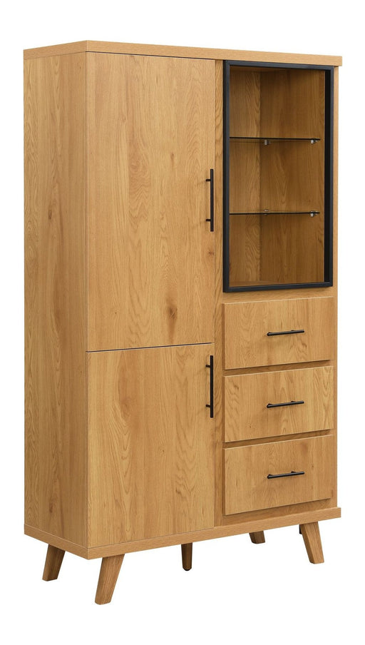 Sideboard Eiche 188 cm mit Türen, Schubladen & Regal in Braun, Gesamtansicht mit offener Vitrine und geschlossenen Türen.