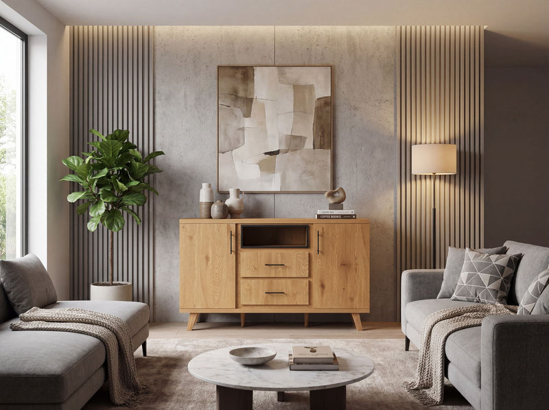 Sideboard Eiche 150 cm, 2 Türen, 2 Schubladen & Regalfach - Wohnling
