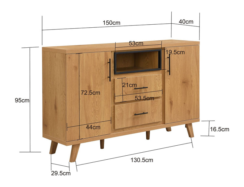 Sideboard Eiche 150 cm, 2 Türen, 2 Schubladen & Regalfach - Wohnling