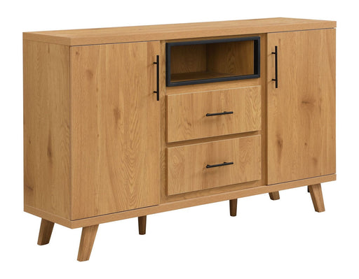 Sideboard Eiche 150 cm in Gesamtansicht mit zwei Türen, zwei Schubladen, offenem Regalfach und Holzbeinen.