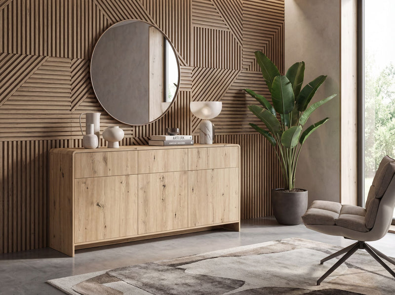 Sideboard Eiche Dekor 155 cm grifflos mit Push-to-Open, Wohnling