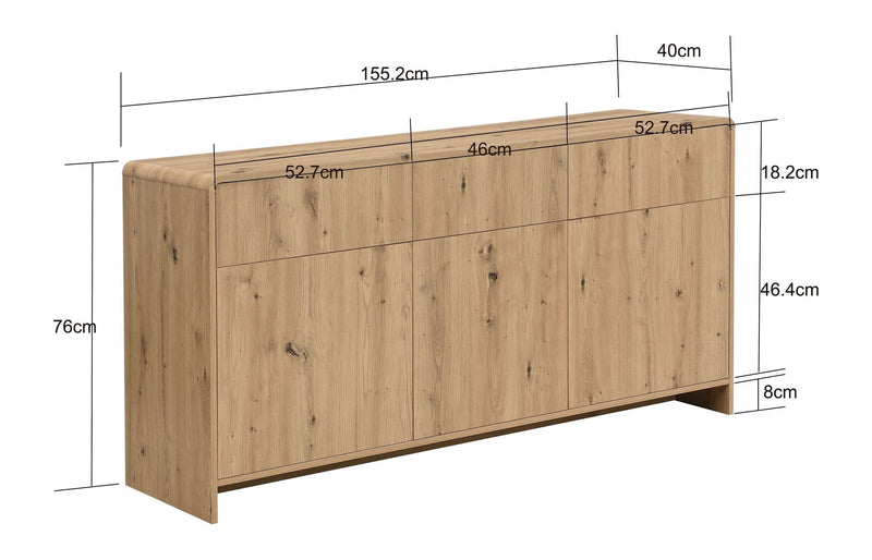 Sideboard Eiche Dekor 155 cm grifflos mit Push-to-Open, Wohnling
