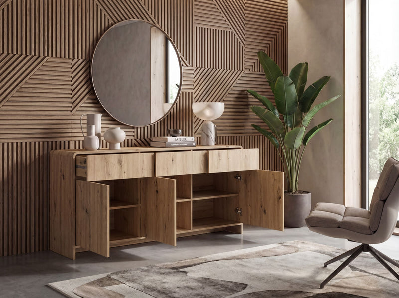 Sideboard Eiche Dekor 155 cm grifflos mit Push-to-Open, Wohnling