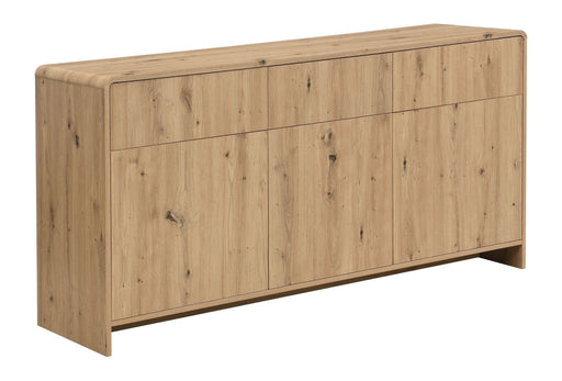 Sideboard Eiche Dekor 155 cm grifflos mit Push-to-Open in Gesamtansicht von vorne mit zwei Schubladen und zwei Türen.
