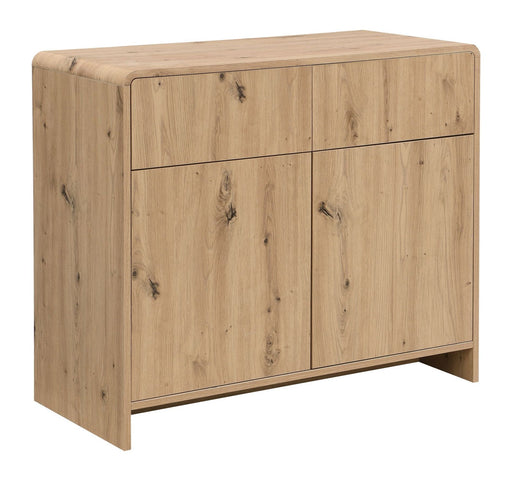 Sideboard Eiche Dekor 88 cm in Braun mit vier Schubkästen und gerundeten Kanten, Gesamtansicht von vorne.