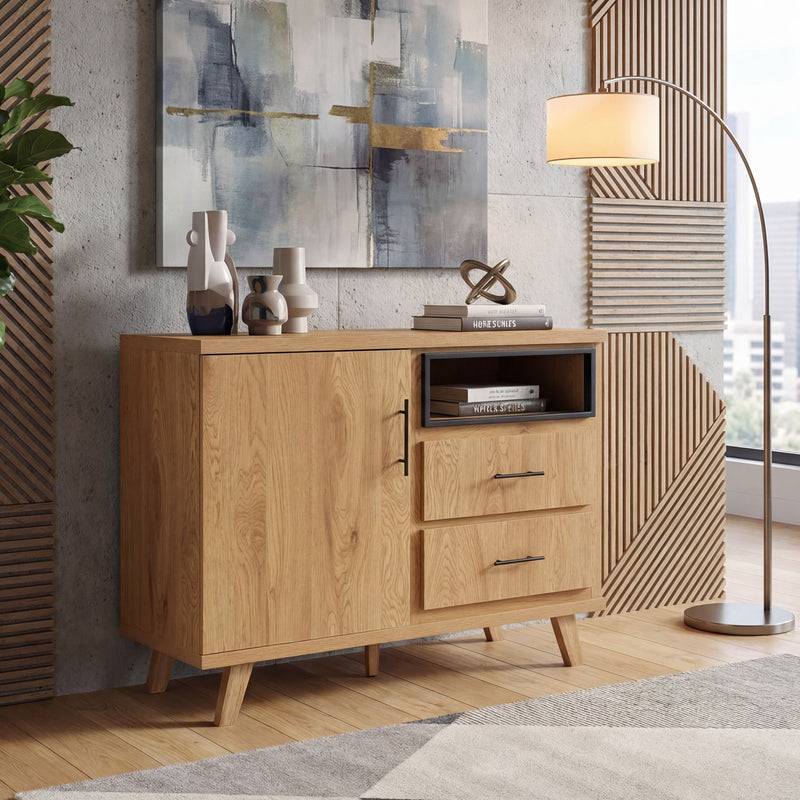 Sideboard Eiche 116 cm mit 2 Schubladen und Türfächern im Scandi-Look