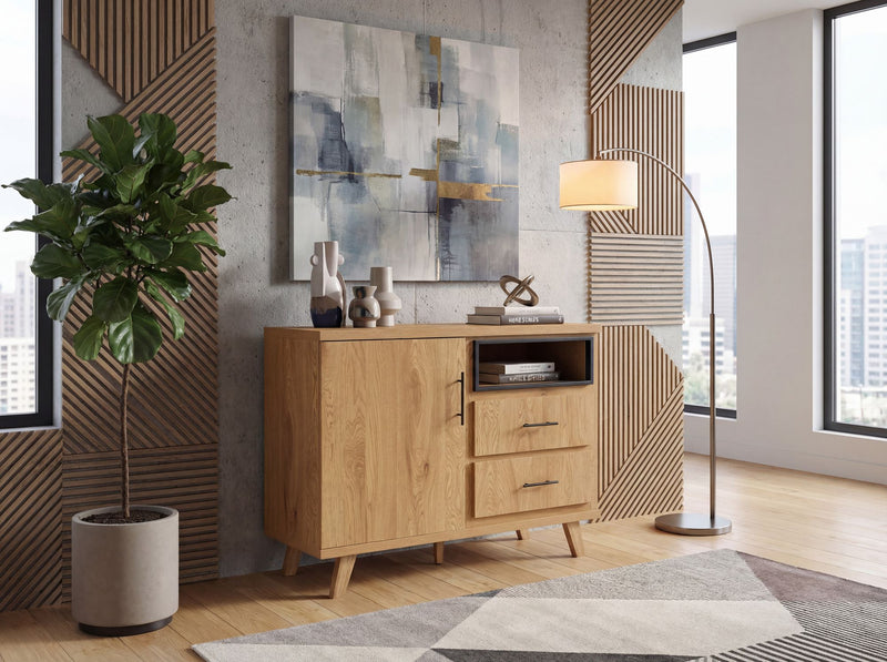 Sideboard Eiche 116 cm mit 2 Schubladen und Türfächern im Scandi-Look
