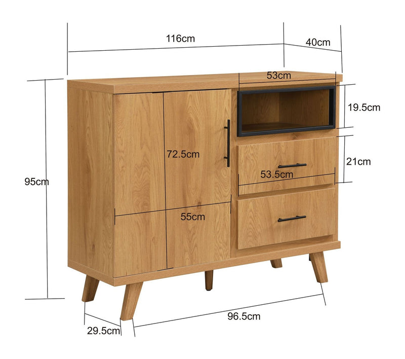Sideboard Eiche 116 cm mit 2 Schubladen und Türfächern im Scandi-Look