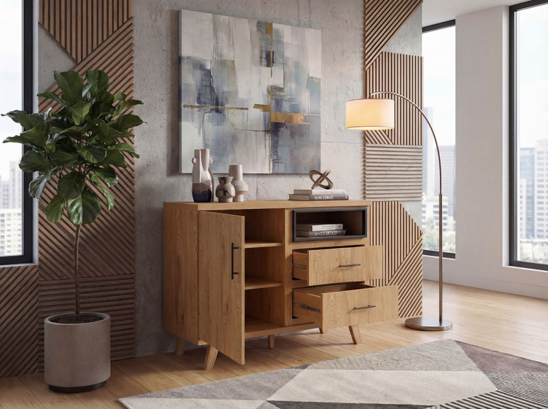 Sideboard Eiche 116 cm mit 2 Schubladen und Türfächern im Scandi-Look