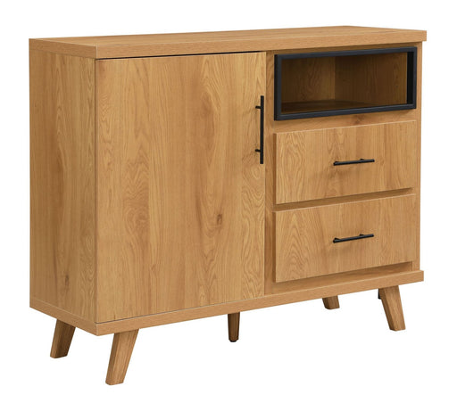 Sideboard Eiche 116 cm mit 2 Schubladen und Türfächern, Gesamtansicht von vorne mit offener Vitrine.