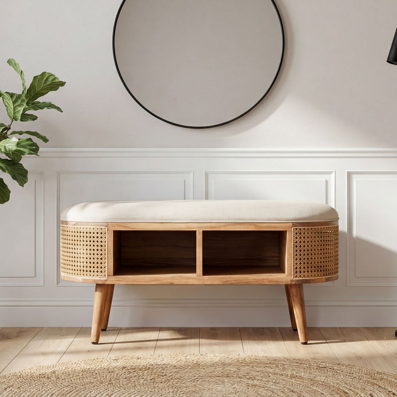 Sitzbank Wiener Geflecht 90 cm aus Akazie mit Boho-Stauraum, Wohnling