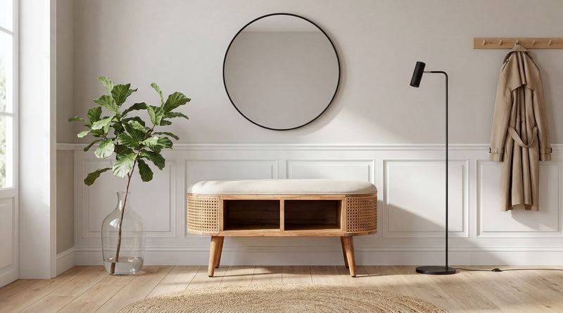 Sitzbank Wiener Geflecht 90 cm aus Akazie mit Boho-Stauraum, Wohnling
