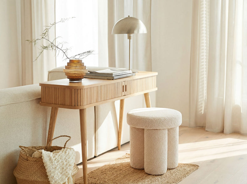Sitzhocker Teddy Creme rund, Polsterhocker im Boho-Stil Wohnzimmer