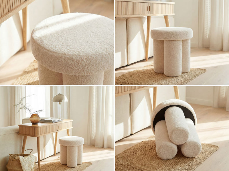 Sitzhocker Teddy Creme rund, Polsterhocker im Boho-Stil Wohnzimmer
