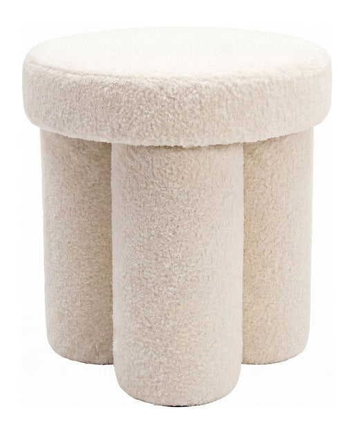 Sitzhocker Teddy Creme rund mit cremefarbenem Flauschbezug und zylindrischen Beinen in Gesamtansicht.