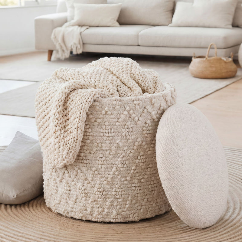 Sitz- & Fußhocker Boho mit Stauraum aus Wolle in Creme, 40 cm