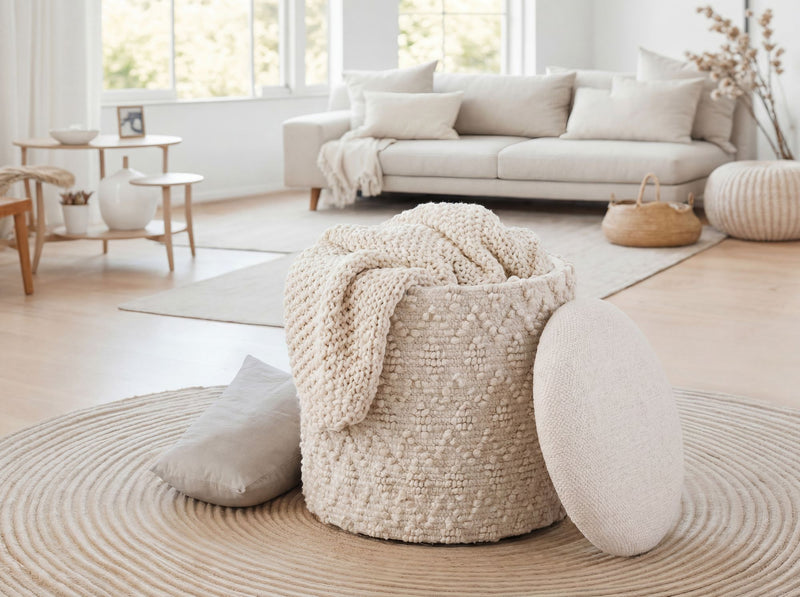 Sitz- & Fußhocker Boho mit Stauraum aus Wolle in Creme, 40 cm