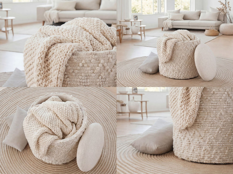 Sitz- & Fußhocker Boho mit Stauraum aus Wolle in Creme, 40 cm