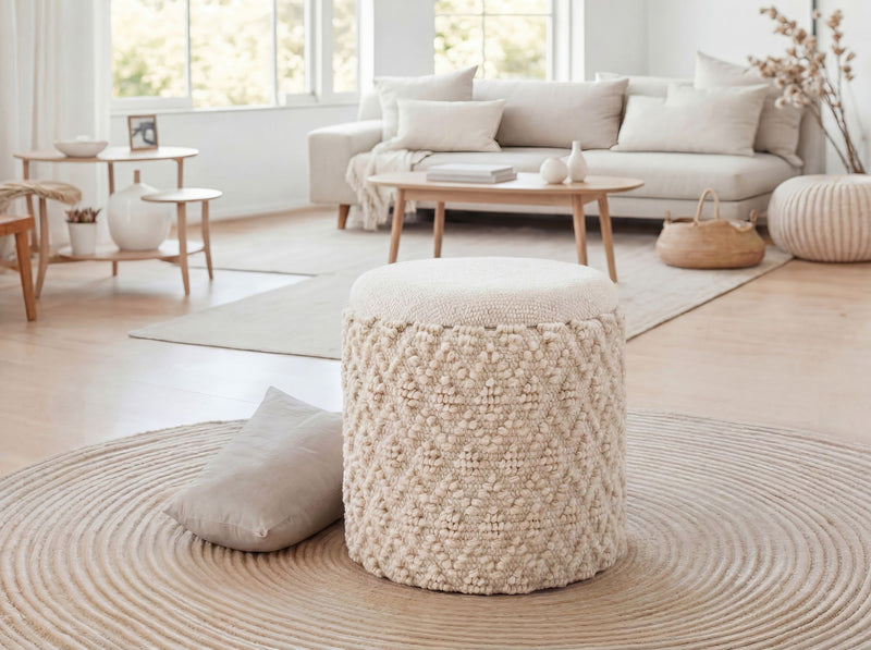 Sitz- & Fußhocker Boho mit Stauraum aus Wolle in Creme, 40 cm