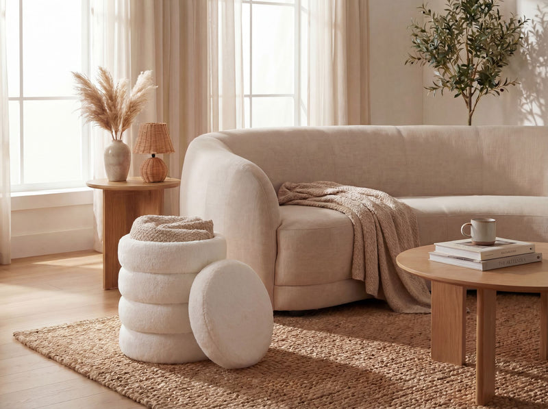 Sitz- & Fußhocker Boho mit Stauraum aus Teddy-Stoff in Creme, Ø 40 cm