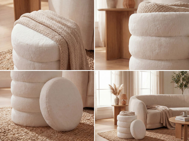 Sitz- & Fußhocker Boho mit Stauraum aus Teddy-Stoff in Creme, Ø 40 cm