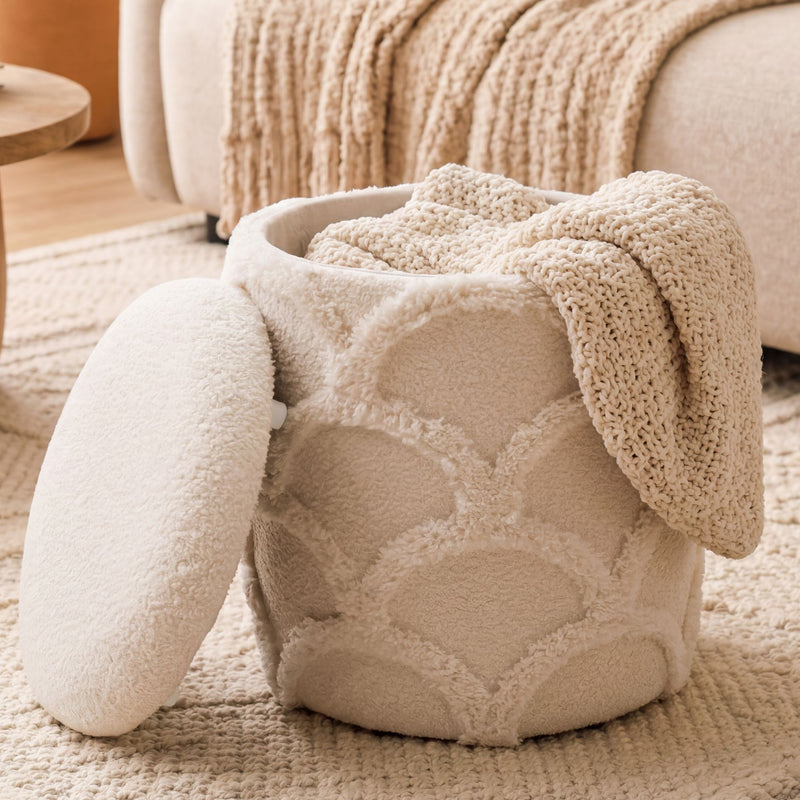 Sitz- & Fußhocker Boho mit Stauraum aus Teddystoff, Creme, Ø40 cm