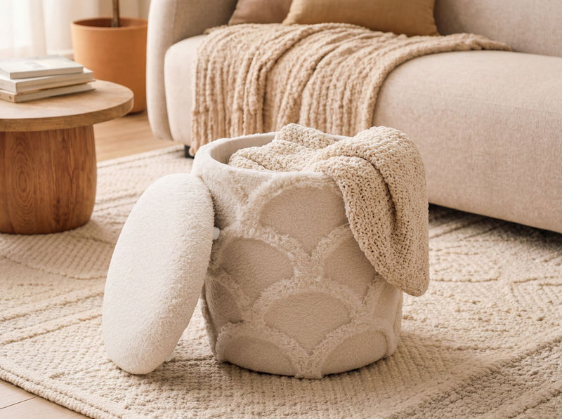Sitz- & Fußhocker Boho mit Stauraum aus Teddystoff, Creme, Ø40 cm