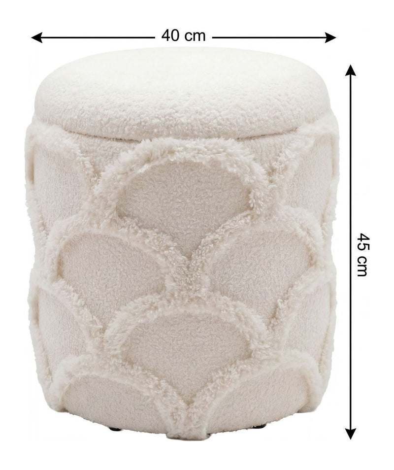 Sitz- & Fußhocker Boho mit Stauraum aus Teddystoff, Creme, Ø40 cm