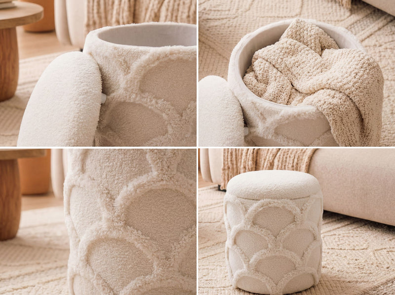 Sitz- & Fußhocker Boho mit Stauraum aus Teddystoff, Creme, Ø40 cm