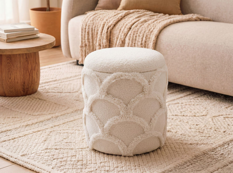 Sitz- & Fußhocker Boho mit Stauraum aus Teddystoff, Creme, Ø40 cm