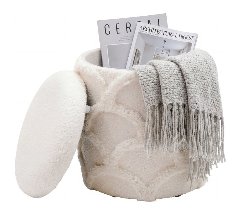 Sitz- & Fußhocker Boho mit Stauraum aus Teddystoff, Creme, Ø40 cm