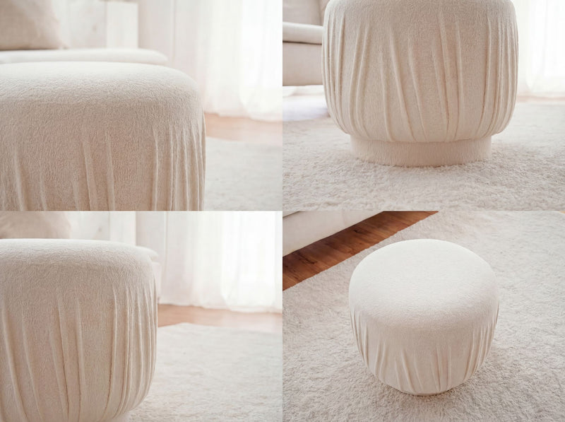 Polsterhocker Wohnling rund in Creme mit Faltenoptik, Ø 50 cm