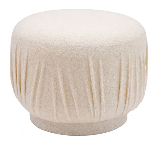 Polsterhocker Wohnling rund in Creme mit vertikaler Faltenoptik, Gesamtansicht von vorne.